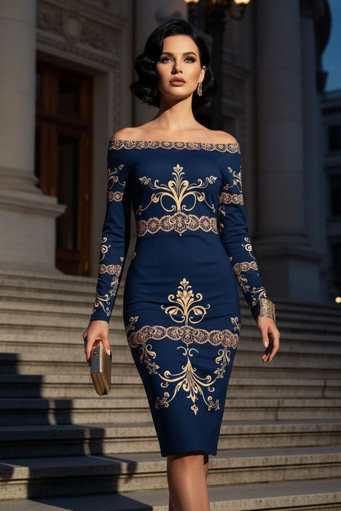 Navy Gold Baroque Bodycon Dress-S-6XL Elegant Evening Outfit Stylish Long Sleeve