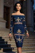 Navy Gold Baroque Bodycon Dress-S-6XL Elegant Evening Outfit Stylish Long Sleeve