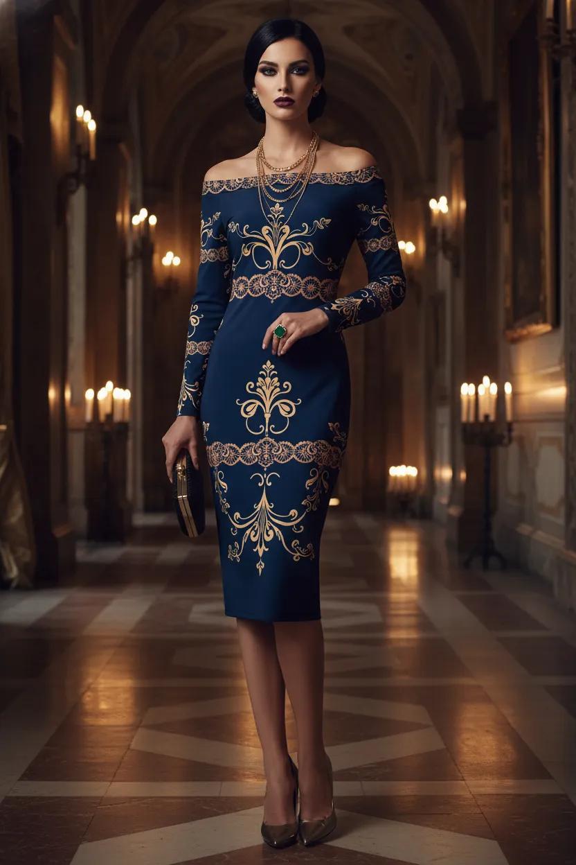 Navy Gold Baroque Bodycon Dress-S-6XL Elegant Evening Outfit with Off Shoulder Design