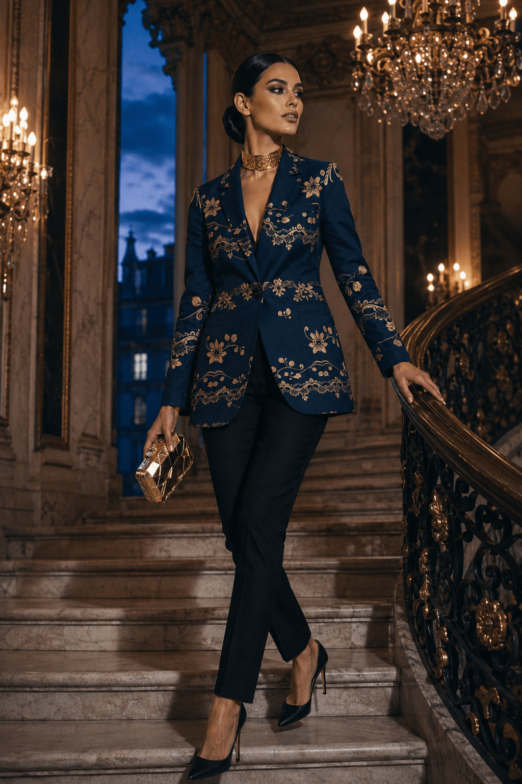 Model wearing navy gold baroque cotton blazer as a trendy fall 2026 outfit idea.