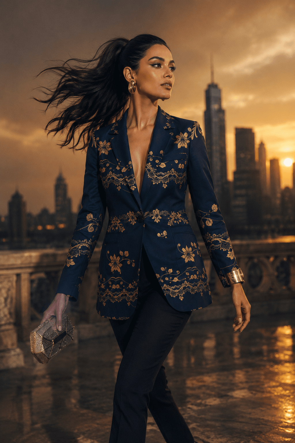 A woman walking outdoors at sunset wearing a navy blue blazer with ornate gold floral embroidery, paired with dark pants and holding a metallic clutch.