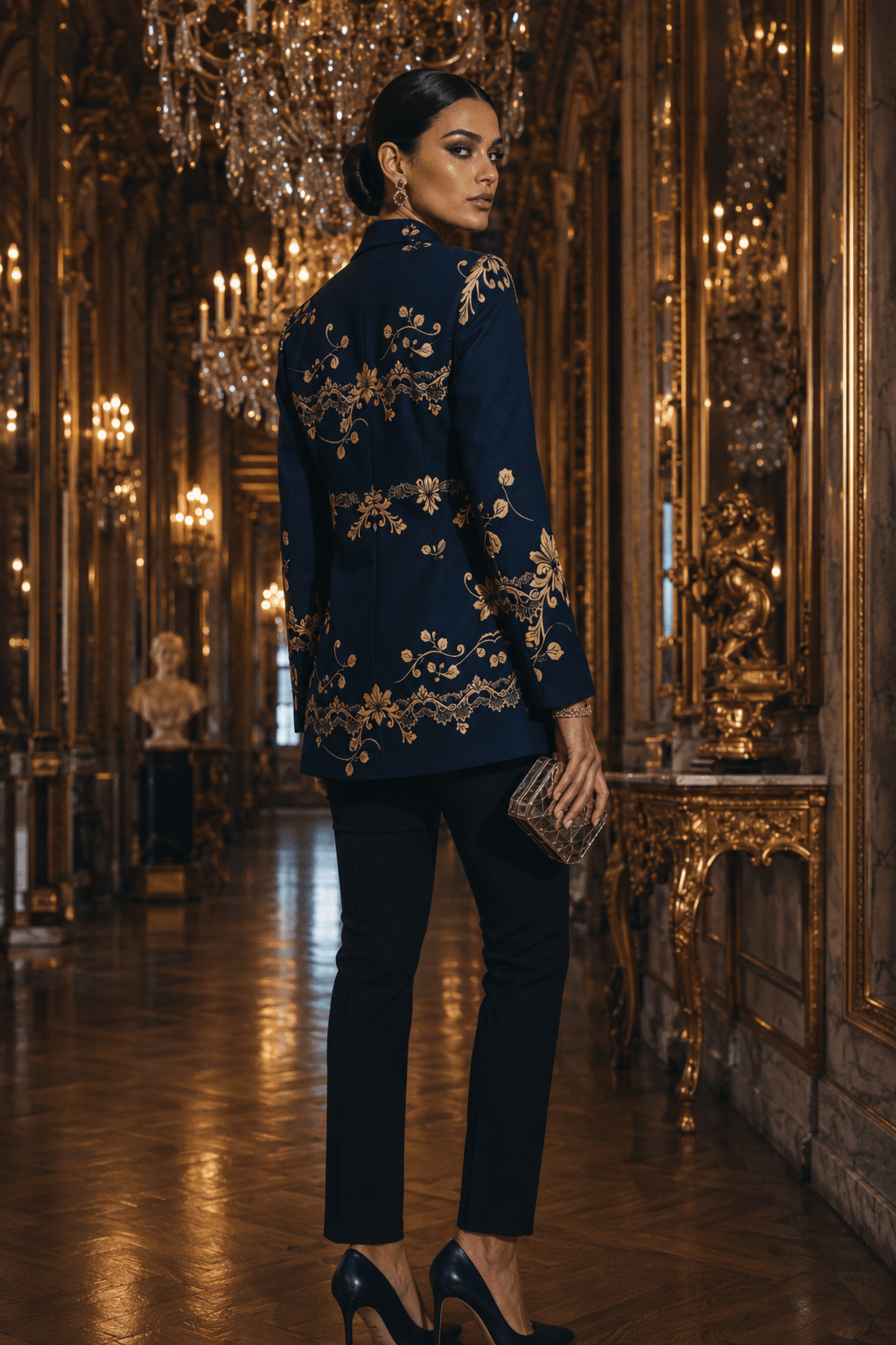 A woman stands in a grand, ornate gold-toned hallway wearing a navy blue embroidered blazer with gold floral detailing, black trousers, and black heels, holding a small metallic clutch.