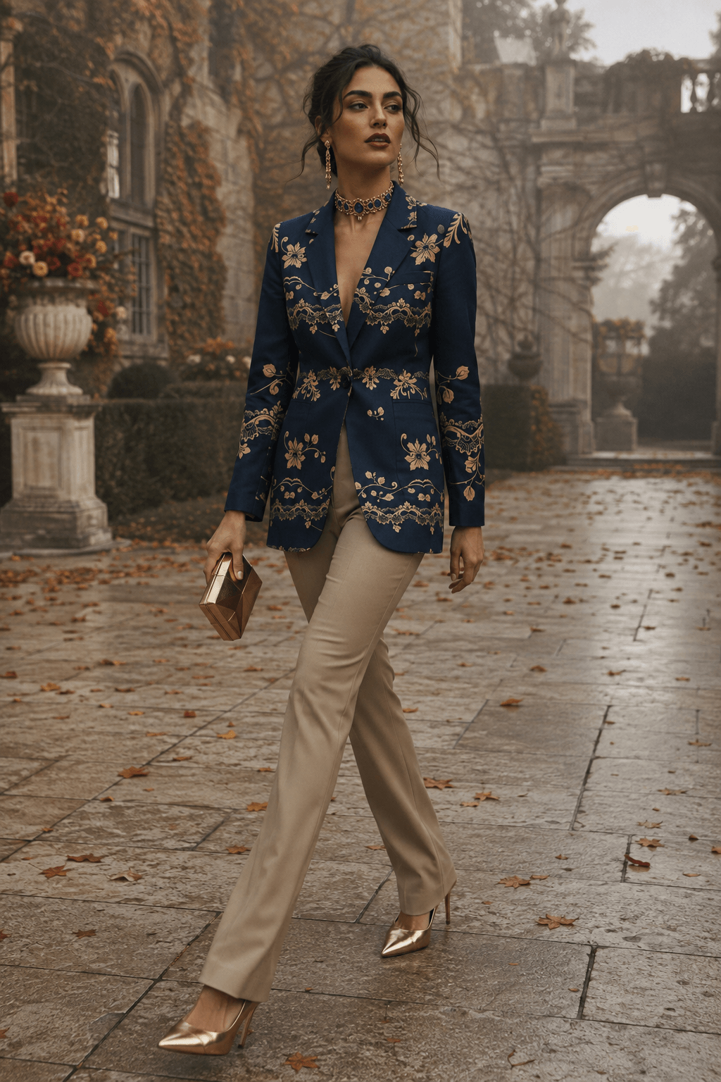 A woman walks outdoors on a stone path wearing a navy blue embroidered blazer with gold floral detailing, beige trousers, and metallic gold heels, holding a small gold clutch.
