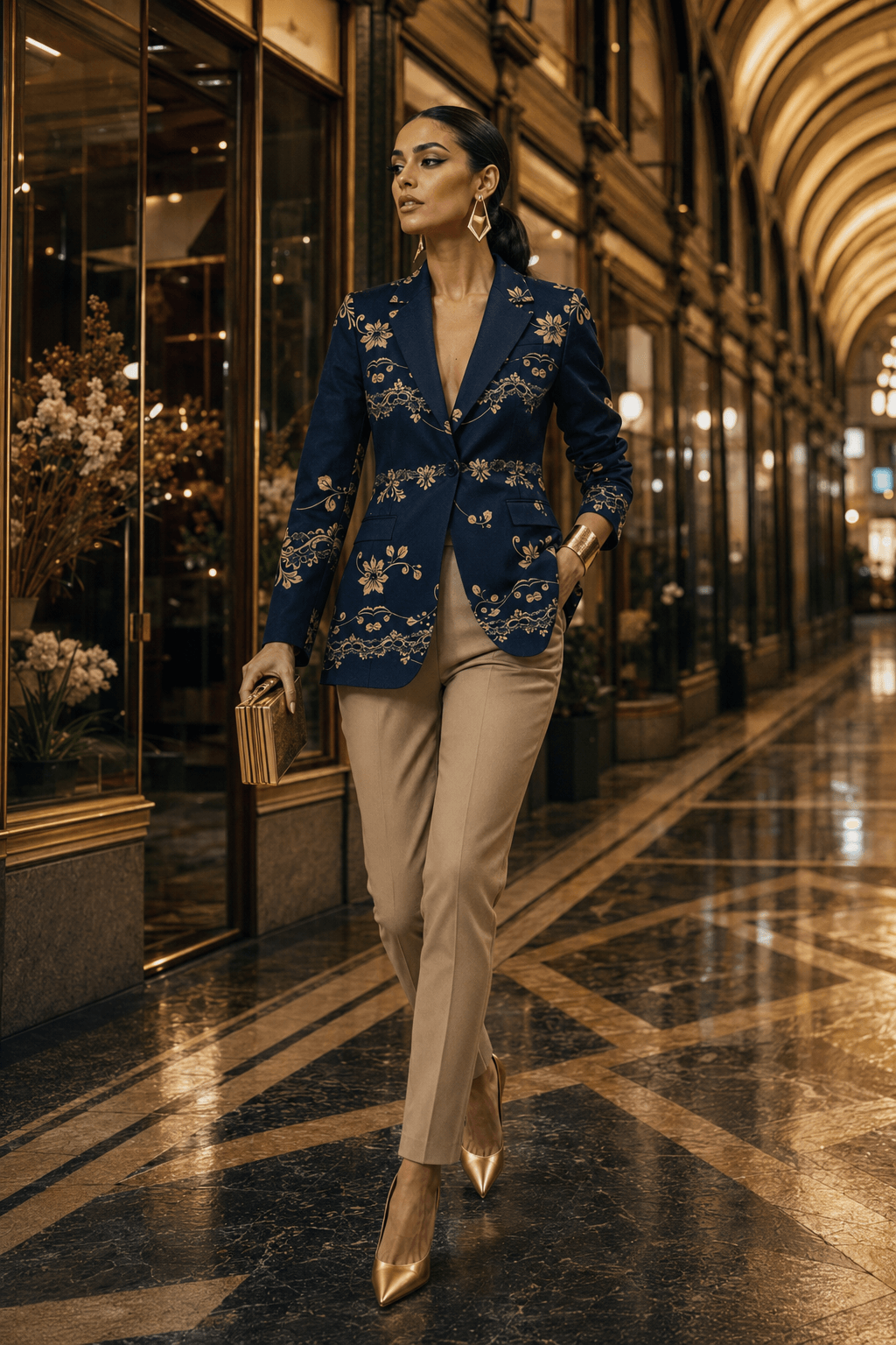 A woman walks through an elegant indoor arcade wearing a navy blue tailored blazer with ornate gold floral embroidery, paired with beige trousers and gold pointed heels.
