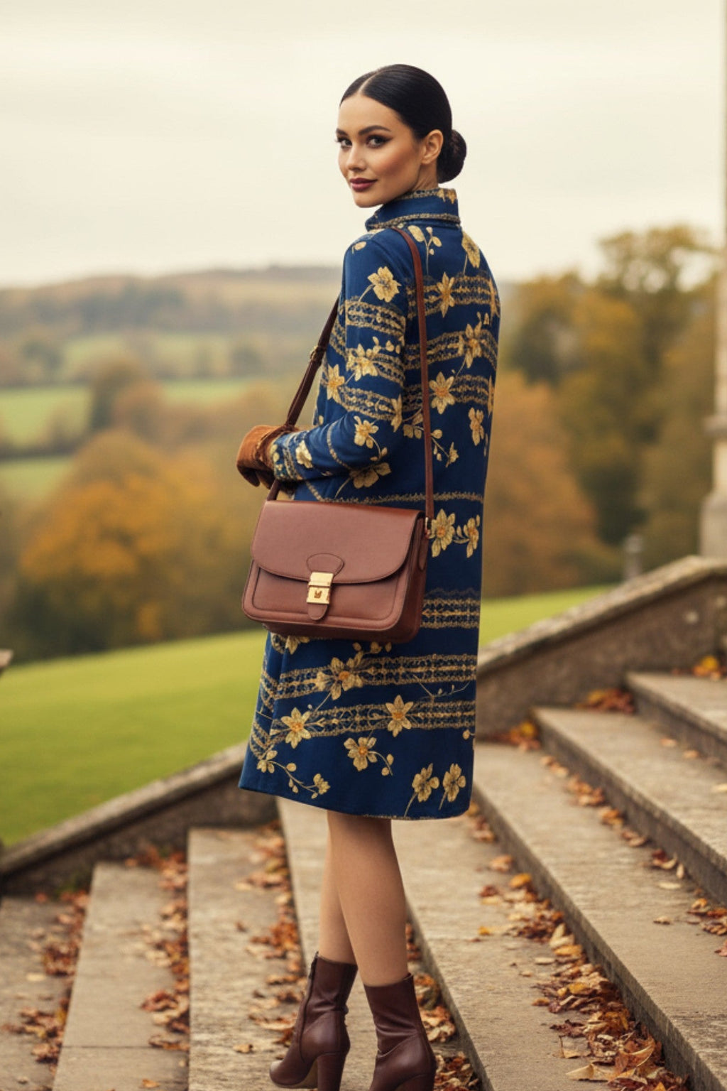 Woman wearing navy blue floral high neck dress from Angelic Blessings Shop with brown boots and handbag outdoors