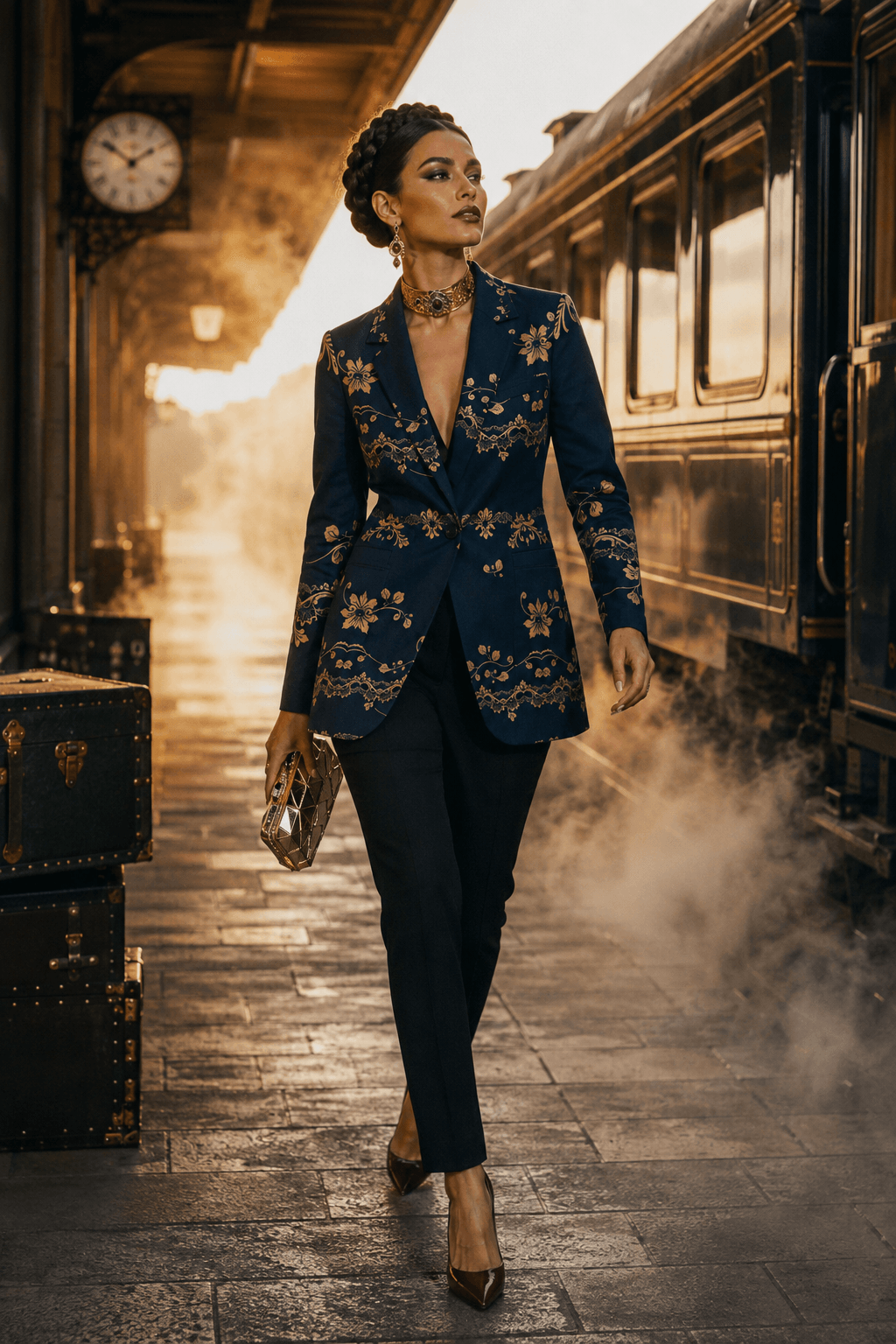 A woman walks on a train platform wearing a navy blue tailored blazer and trousers set with ornate gold floral embroidery. She carries a metallic clutch and wears brown pointed-toe heels.