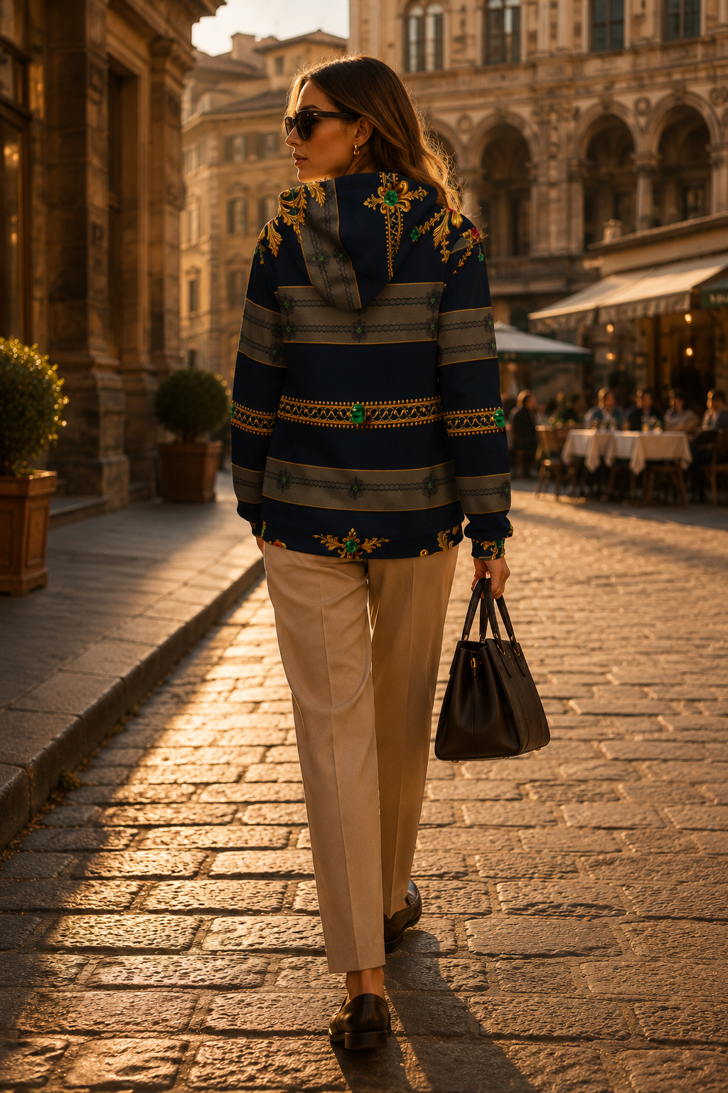 Navy & Gold Ornamental hoodie velvet elegant evening outfit with stylish beige pants