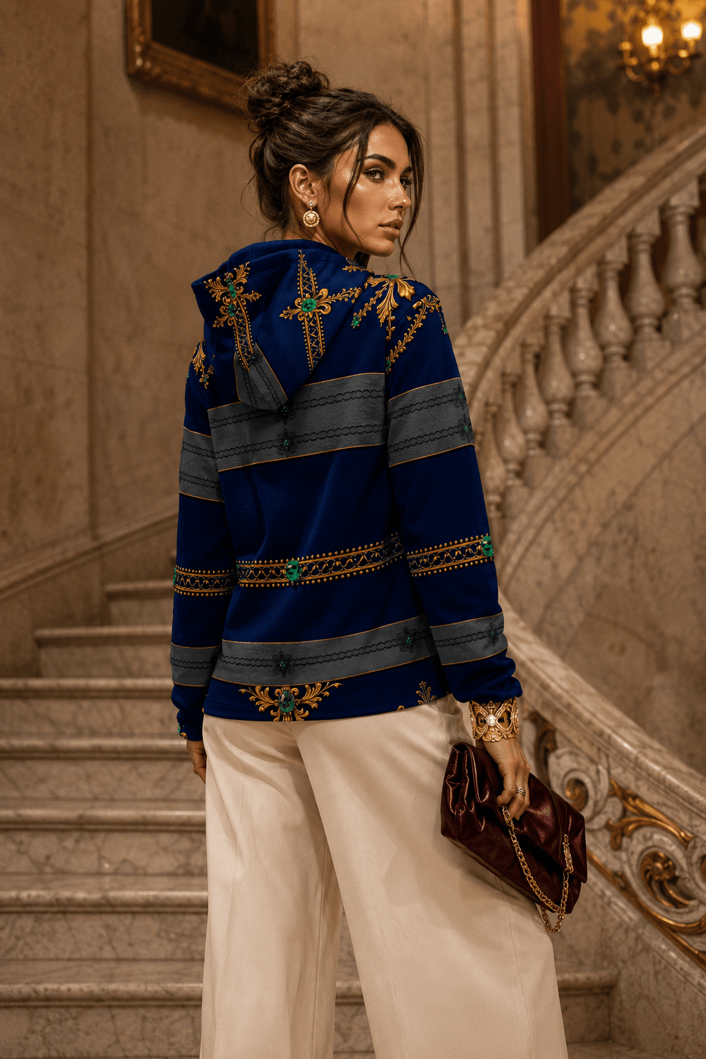 Navy & Gold Ornamental Hoodie Velvet Elegant Evening Outfit with Detailed Embroidery
