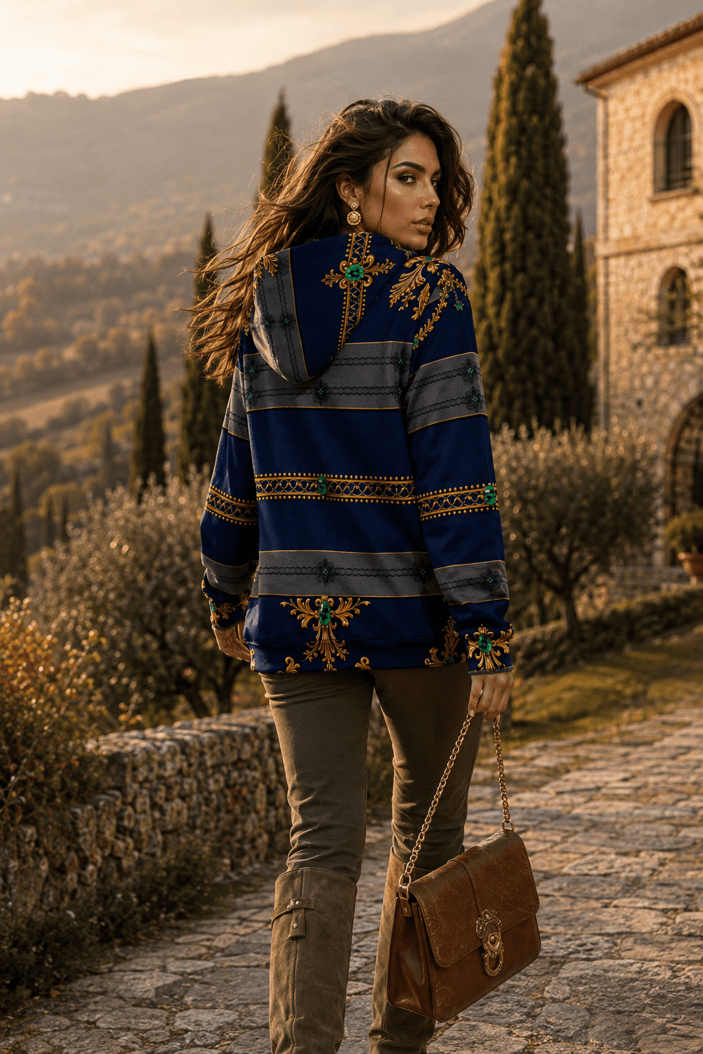 Navy & Gold Ornamental hoodie velvet outfit for elegant evening wear with intricate details
