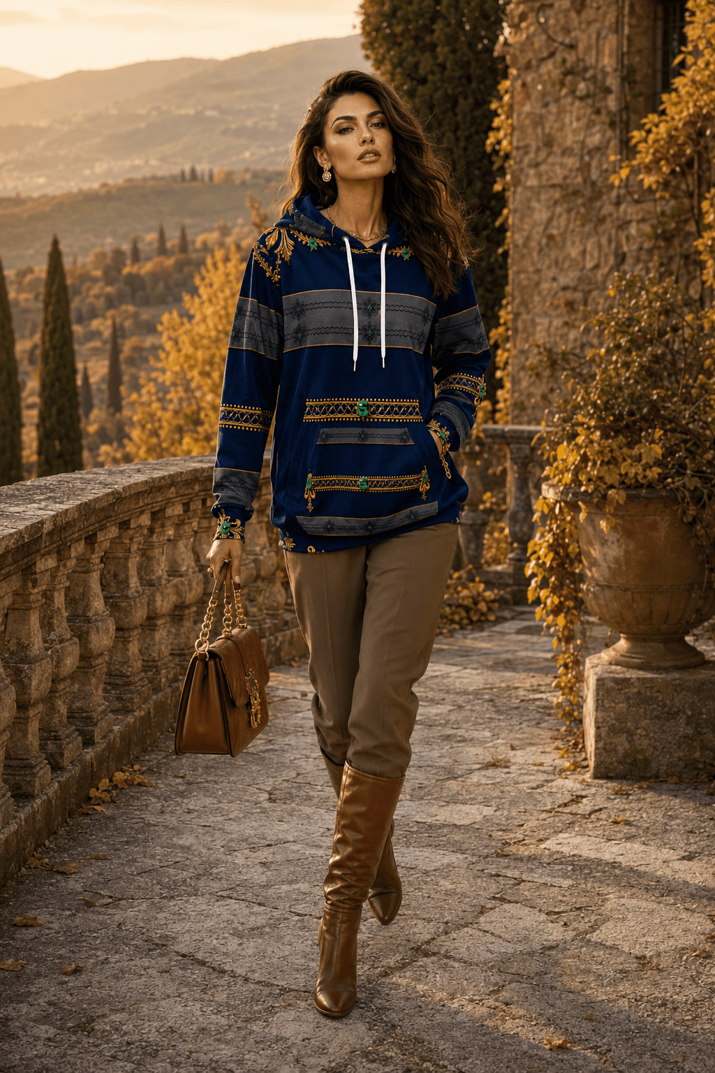 Navy & Gold Ornamental Hoodie Velvet elegant evening outfit with stylish boots and handbag