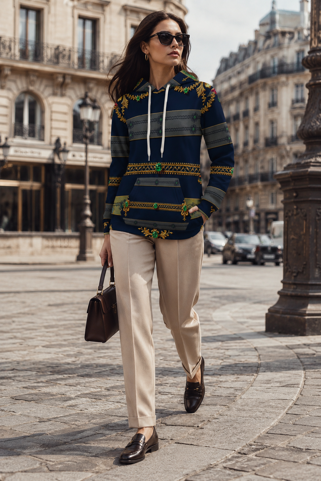 Navy & Gold Ornamental Hoodie Velvet Stylish Outfit for Elegant Evening Wear