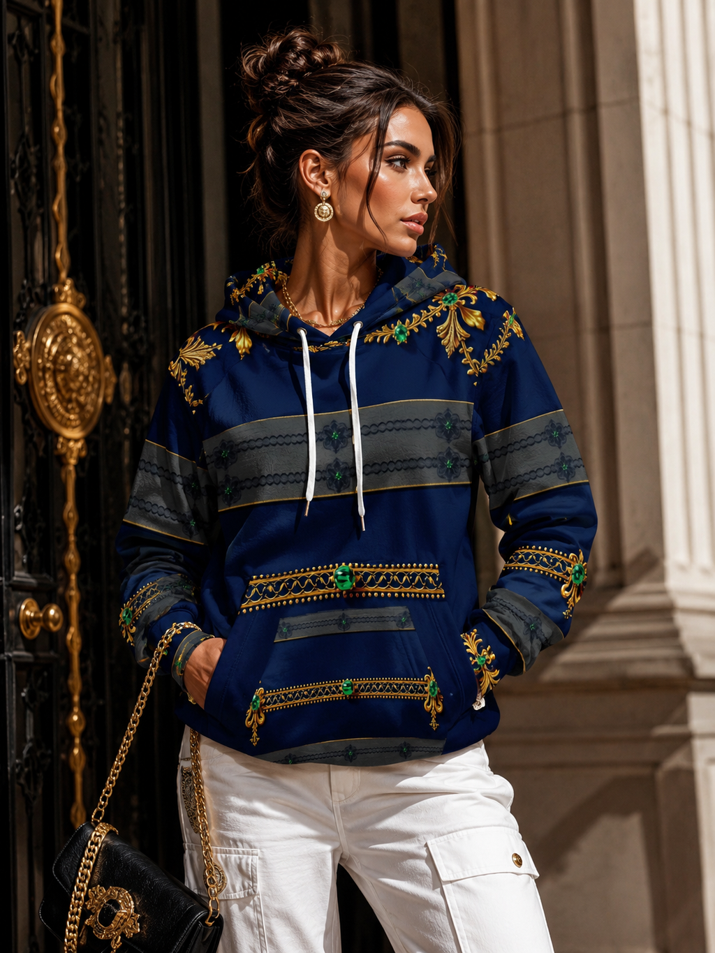 Navy & Gold Ornamental hoodie velvet with elegant evening outfit details