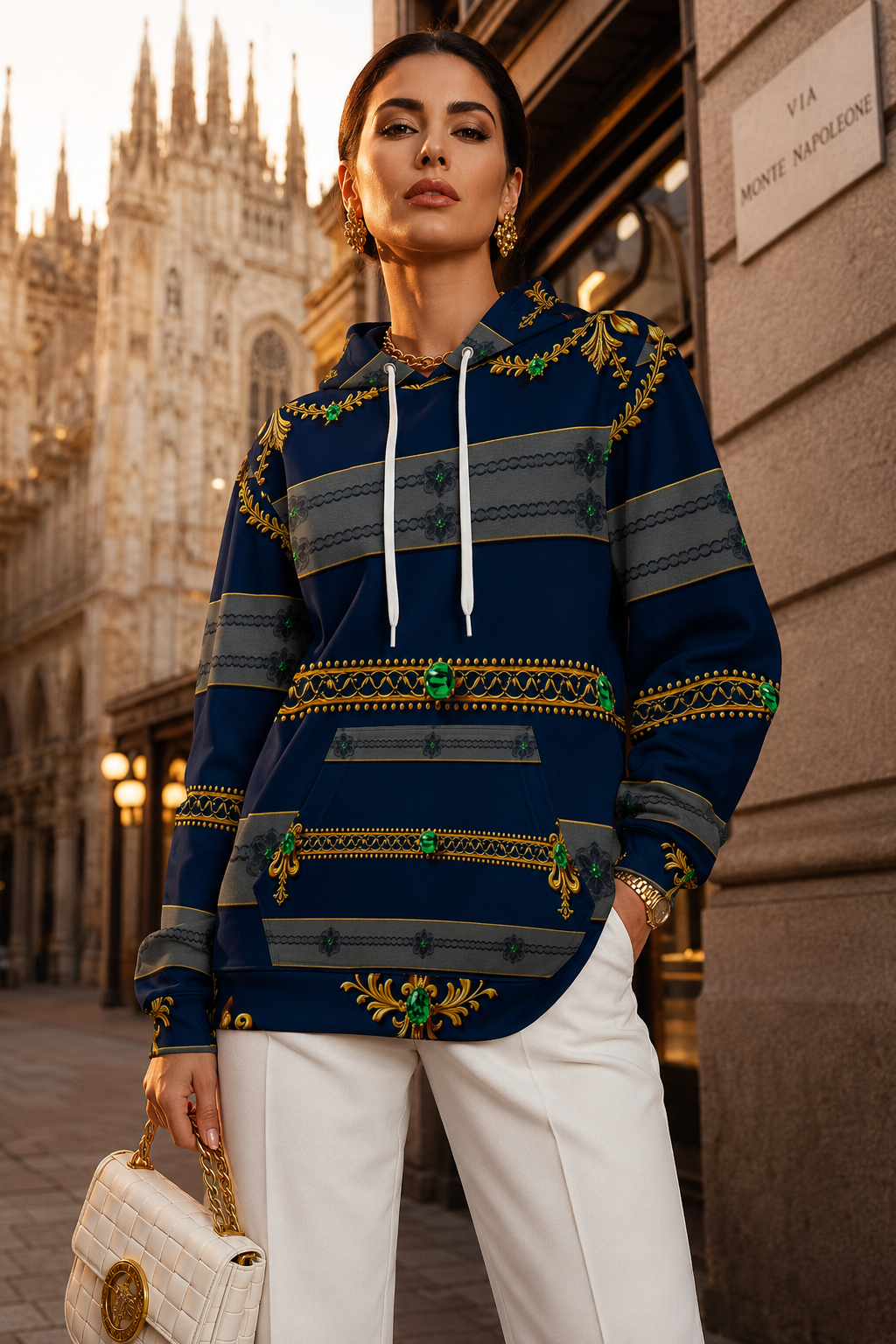Navy & Gold Ornamental hoodie velvet in elegant evening outfit with white pants