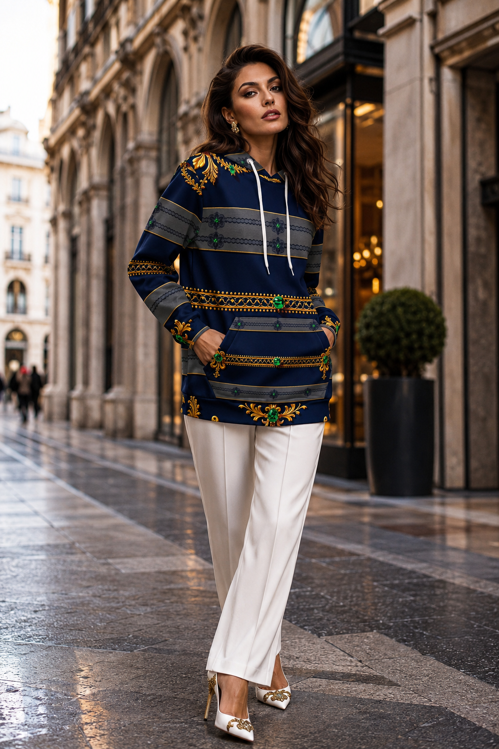 Navy & Gold Ornamental hoodie velvet elegant outfit for evening wear