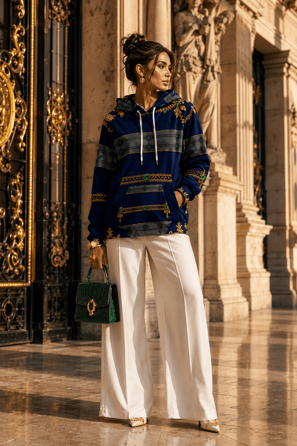 Navy & Gold Ornamental hoodie velvet with elegant outfit for evening wear