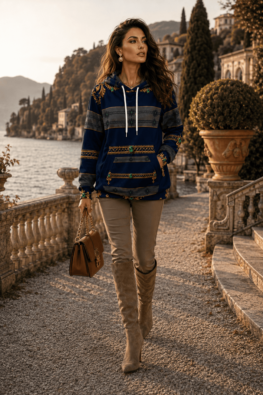 Navy & Gold Ornamental hoodie velvet casual outfit with stylish boots and handbag