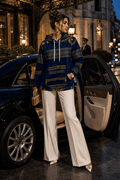 Navy & Gold Ornamental hoodie velvet styled for elegant evening outfit look