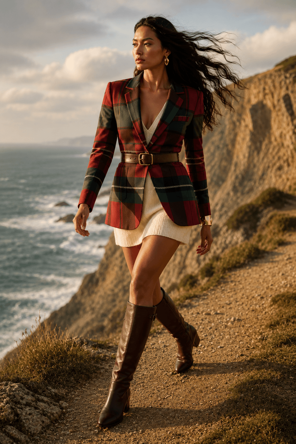 Modern neo-equestrian look featuring a burgundy and green plaid blazer styled with wide-leg trousers for fall fashion trends 2026.