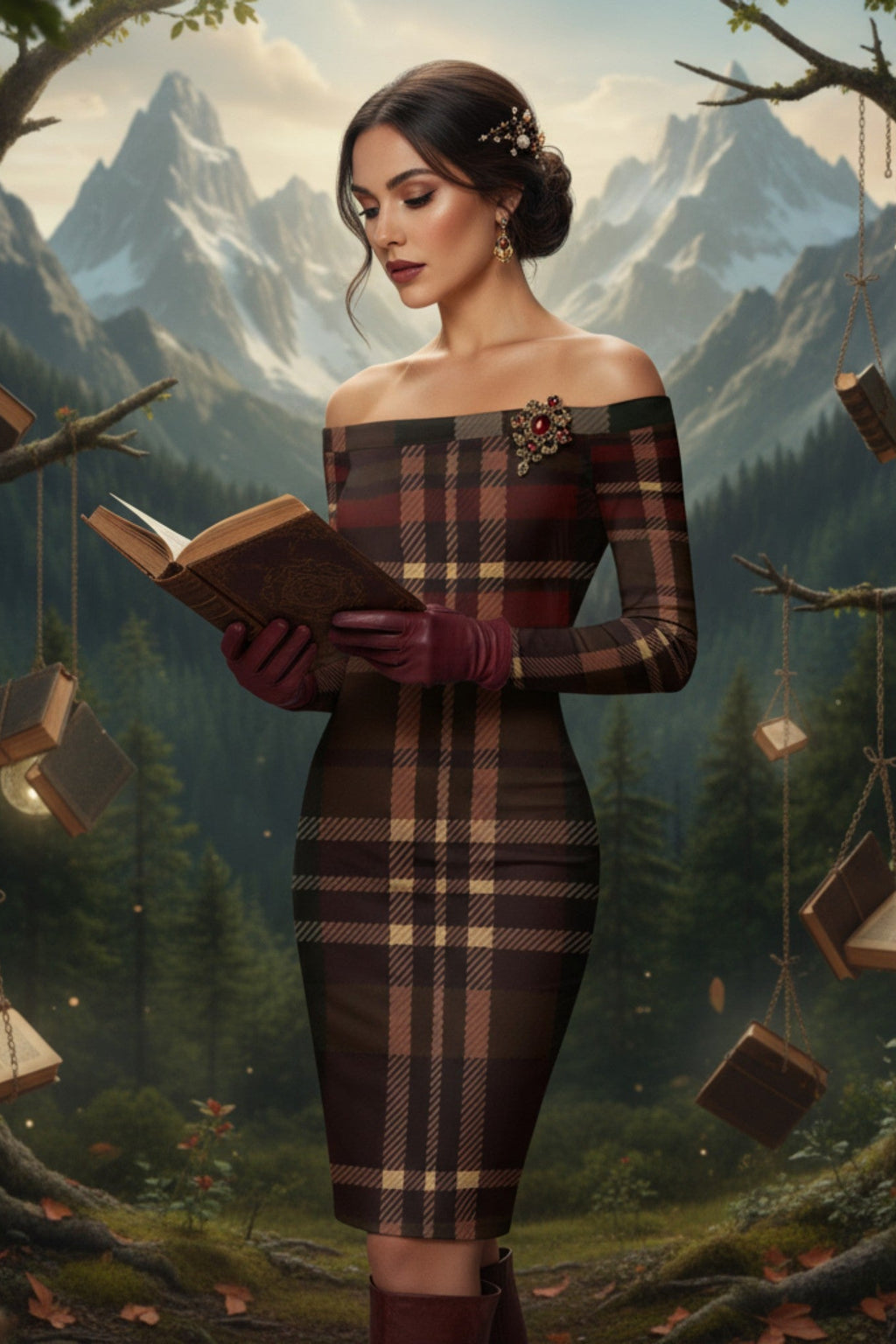Tartan pattern close-up on off-shoulder wrap-style midi dress