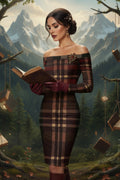 Tartan pattern close-up on off-shoulder wrap-style midi dress