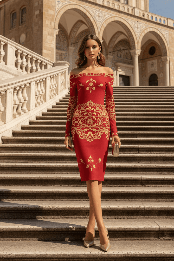 Angelic Blessings Shop red off-shoulder old money baroque inspired dress with gold patterns worn on stone steps
