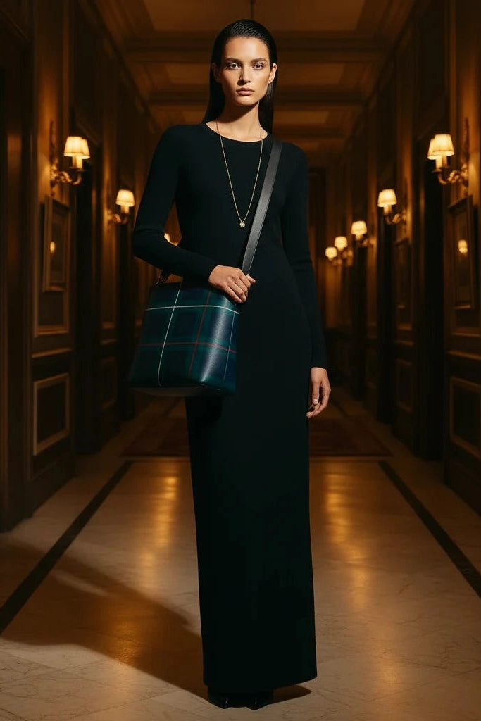 Old money style crossbody purse with plaid design worn by model in elegant black dress