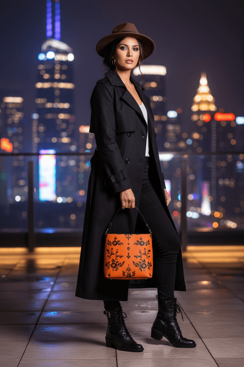 Woman holding orange baroque bucket bag from Angelic Blessings Shop wearing black trench coat and hat at night cityscape