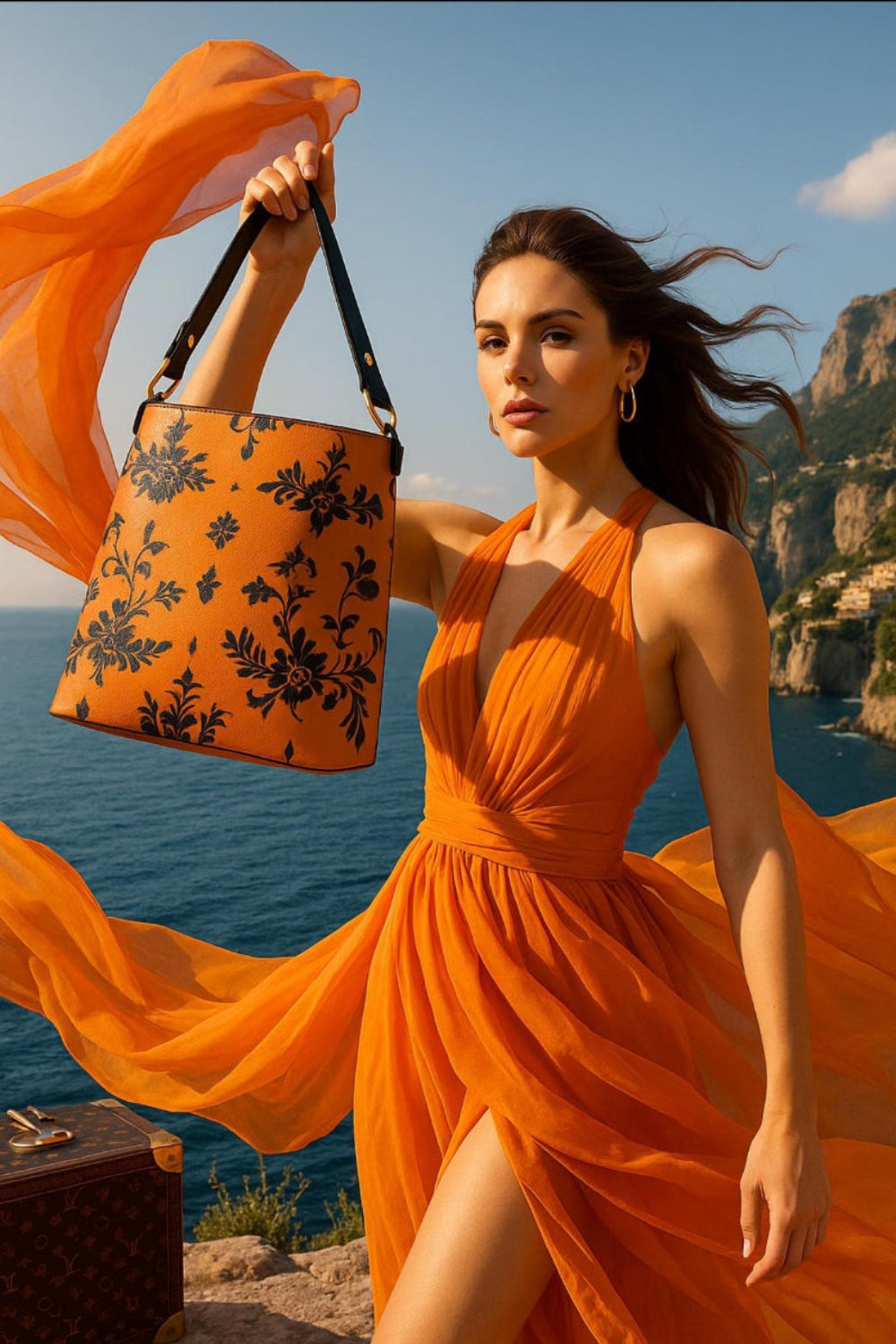 Woman holding an orange baroque bucket bag with black floral design by Angelic Blessings Shop