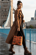 Woman carrying orange baroque bucket bag from Angelic Blessings Shop while walking near London bridge