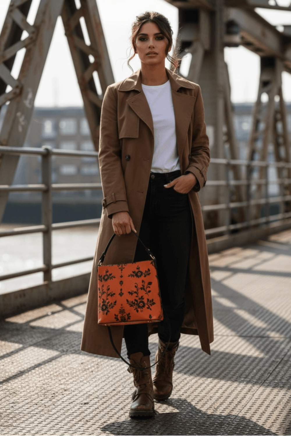 Woman carrying an orange baroque bucket bag from Angelic Blessings Shop with floral pattern and brown trench coat