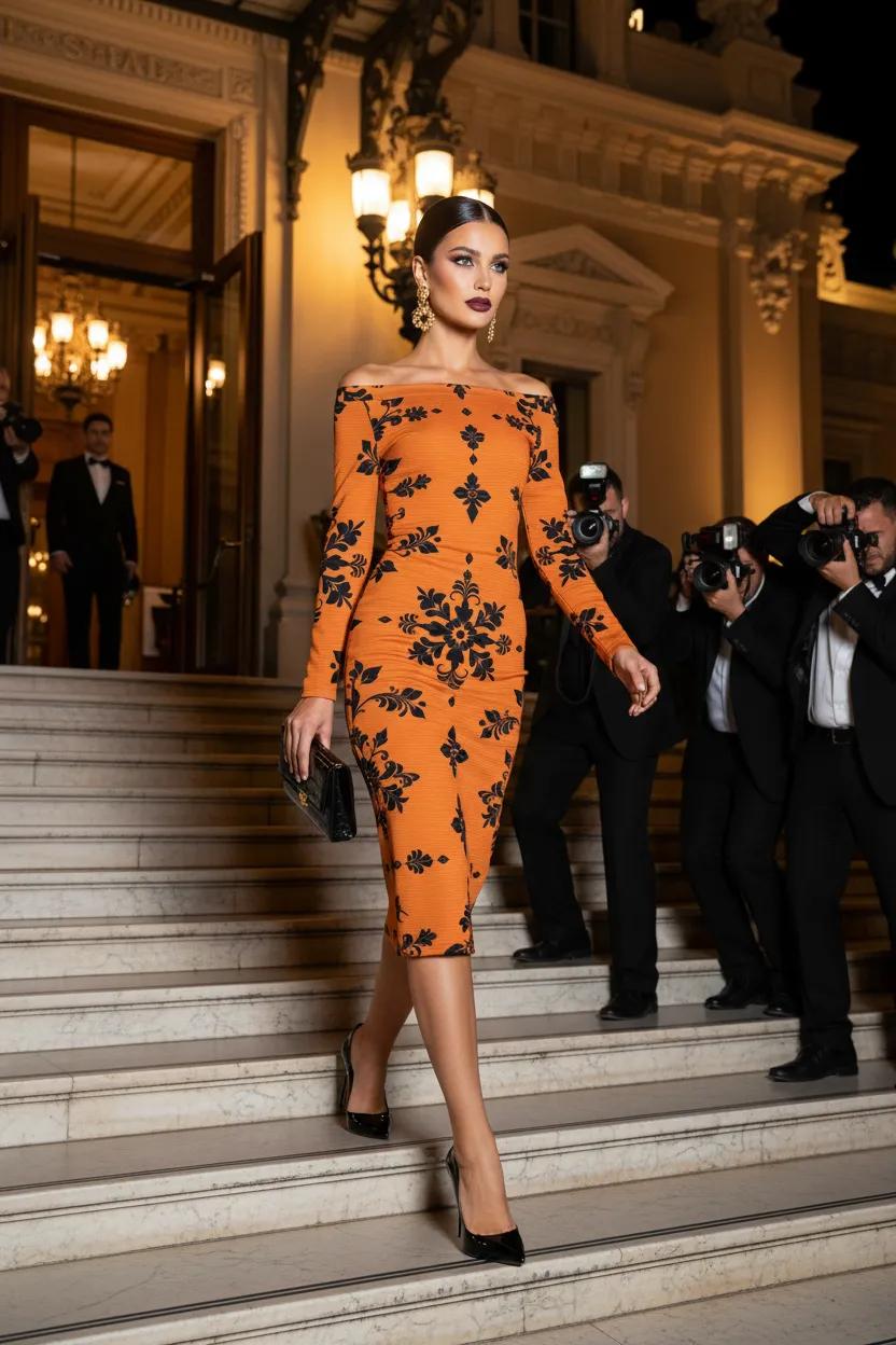 Dusty Orange Black Floral Bodycon Dress Elegant Evening Outfit with Stylish Floral Design