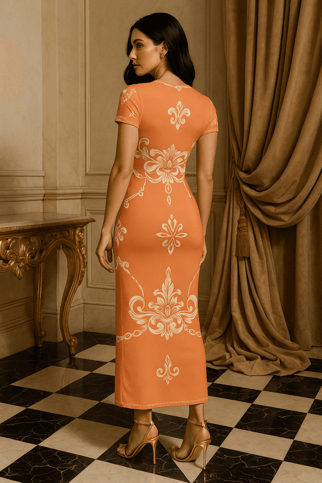Angelic Blessings Shop pastel orange midi dress for women with floral patterns and short sleeves