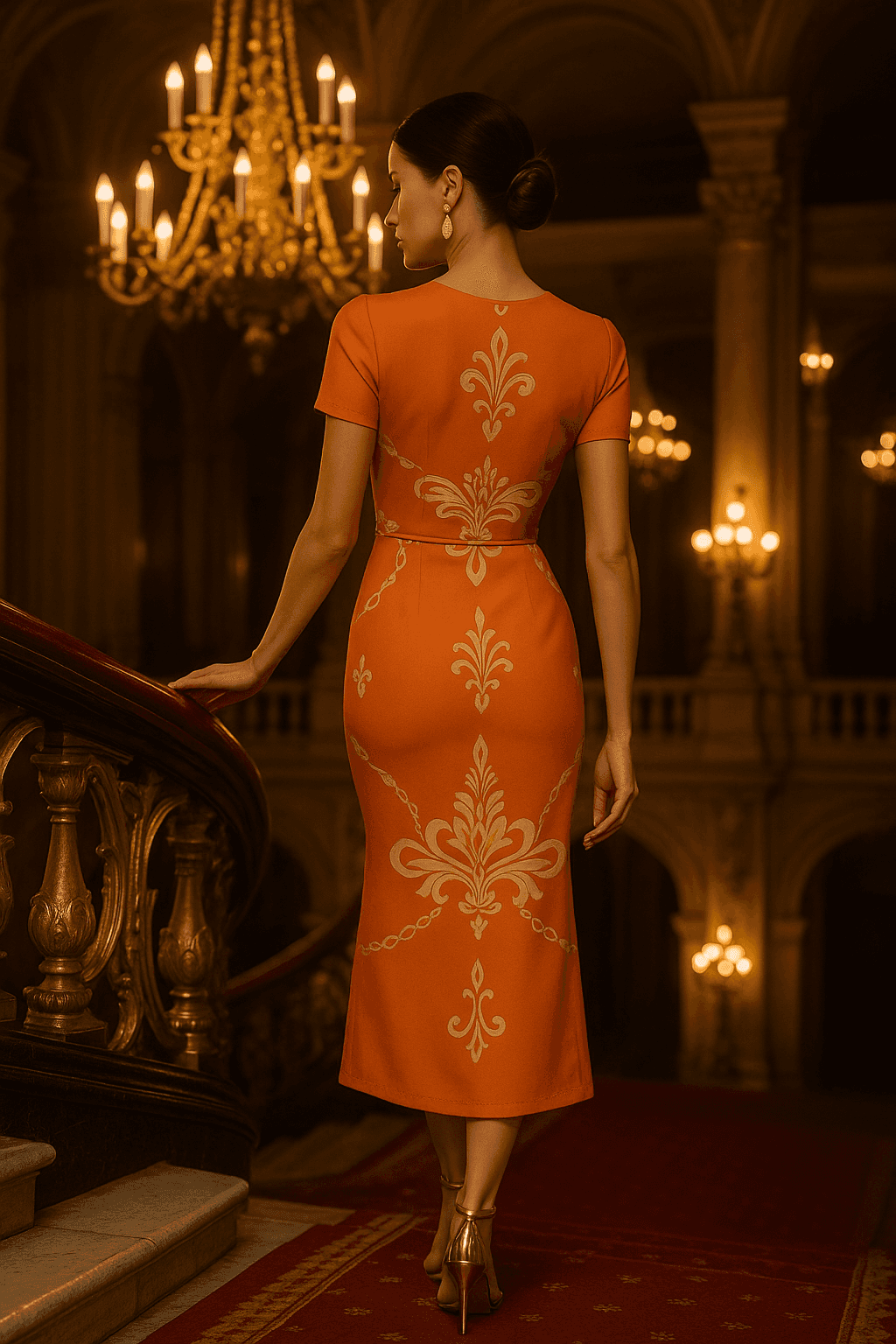 Woman wearing a pastel orange midi dress for women with elegant gold patterns in a luxurious setting