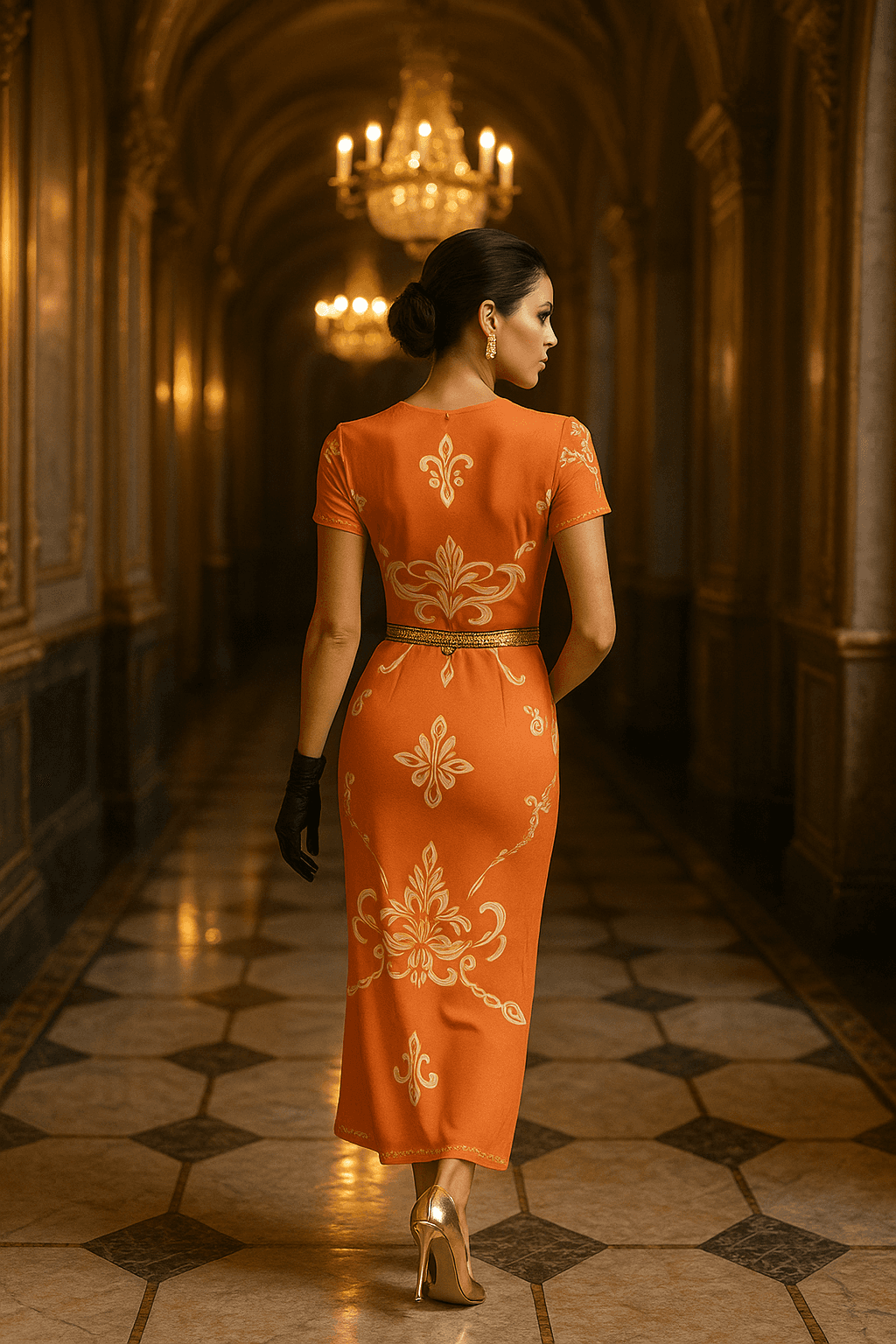 Angelic Blessings Shop pastel orange midi dress for women with gold floral patterns and elegant fit