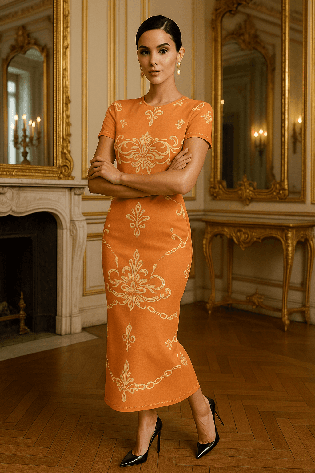 Pastel orange midi dress for women with intricate white patterns from Angelic Blessings Shop