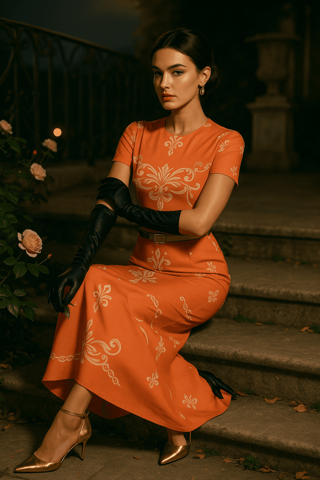 Pastel orange midi dress for women with floral patterns paired with black gloves and gold heels