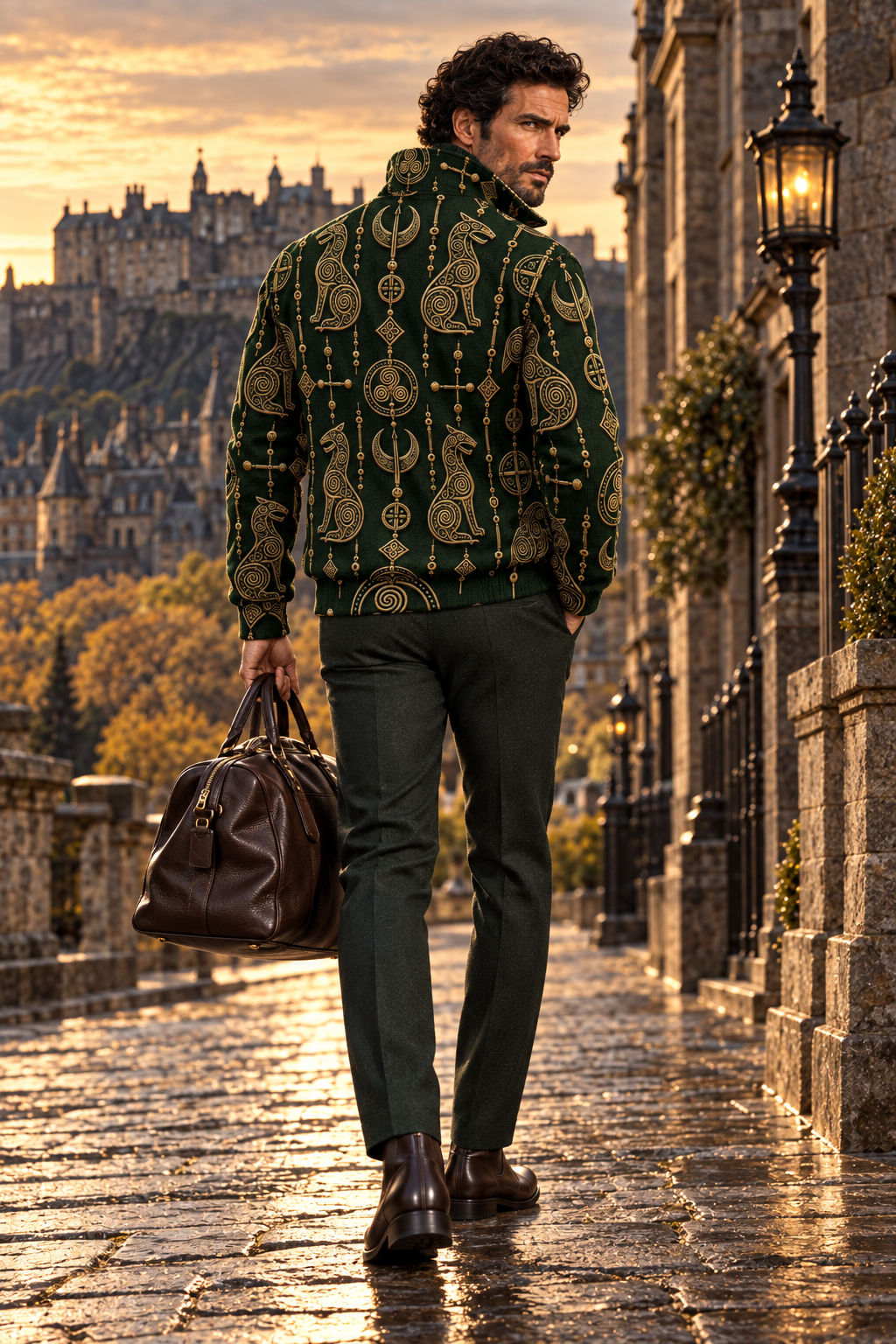 Pictish emblem men's fall jacket styled with tailored trousers.