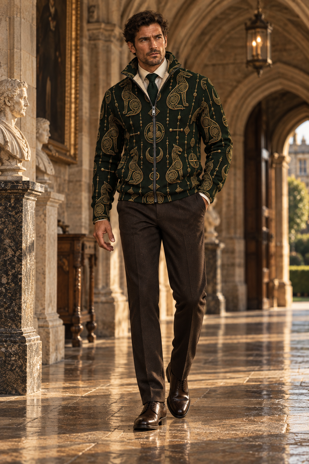 Men's Pictish fleece jacket with classic khaki trousers.