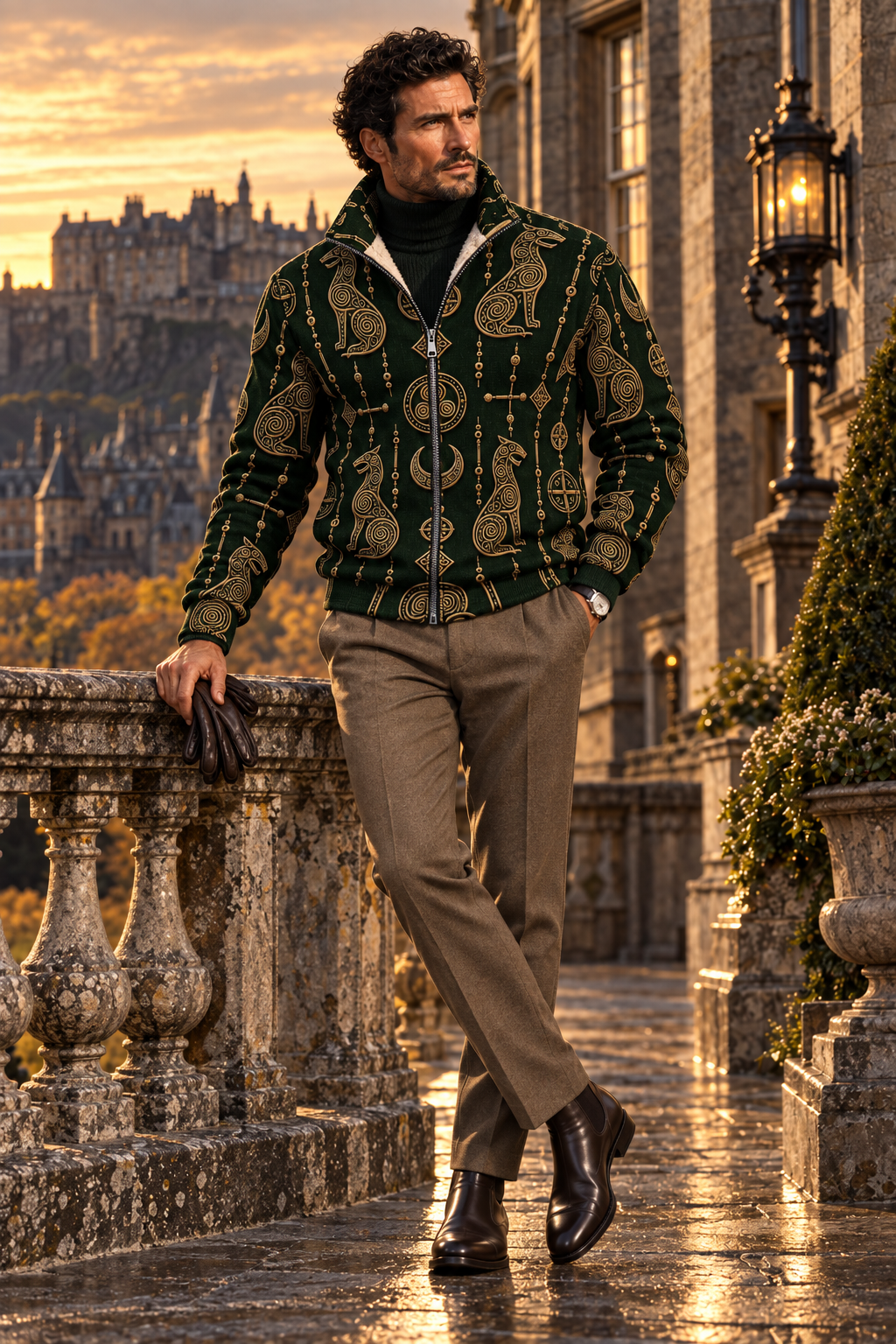 Full-length view of a men's dark green Pictish fleece jacket.