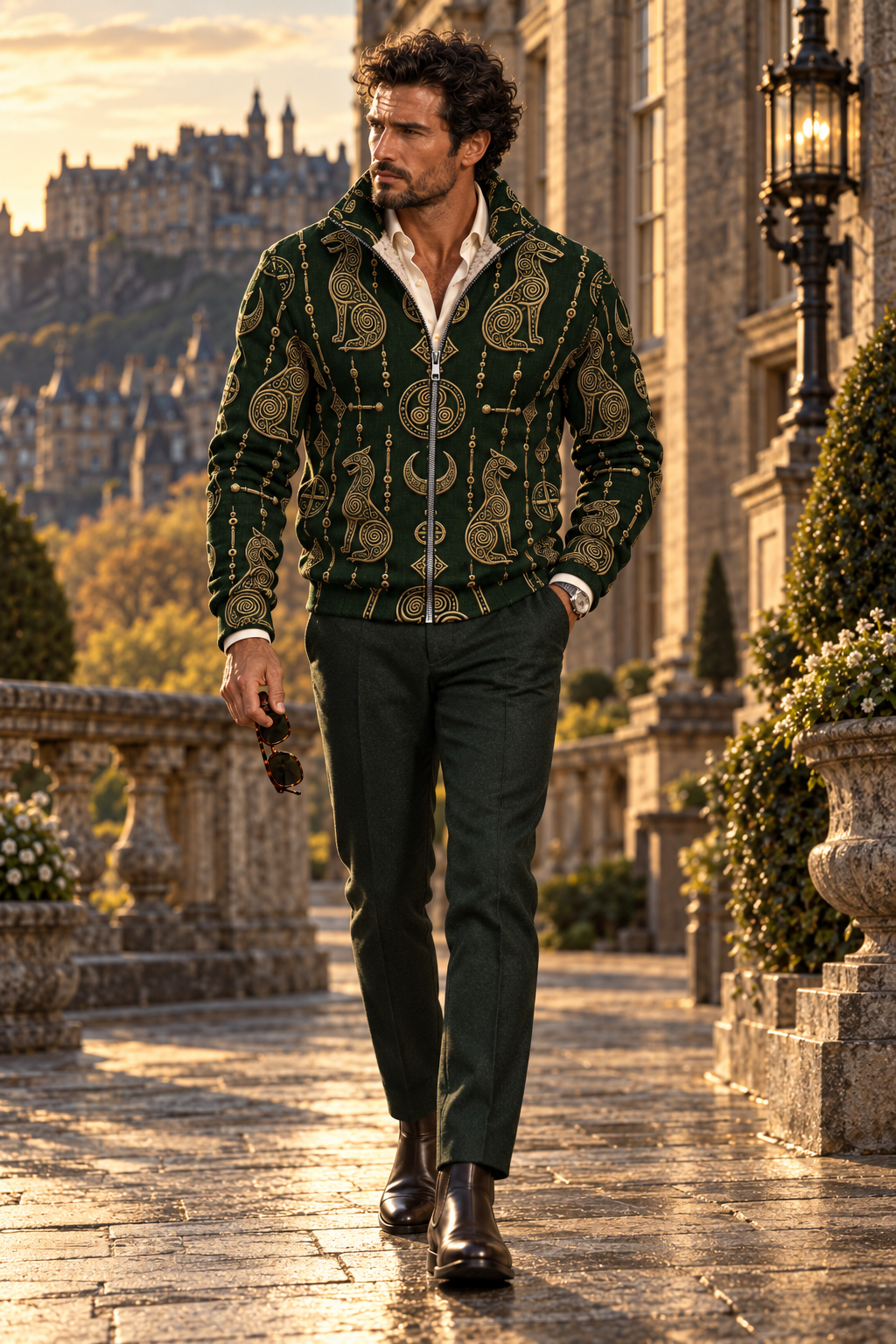 A man walks along a stone pathway in front of a grand historic building, wearing a dark green patterned zip-up jacket over a white shirt and dark trousers.