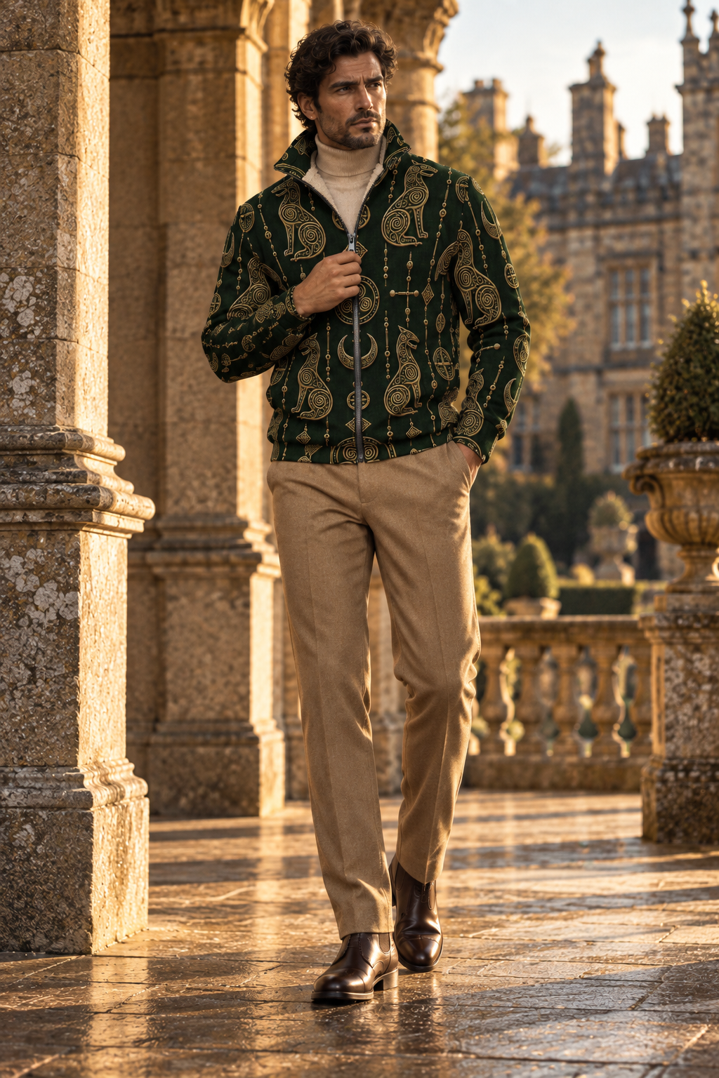 Green Pictish jacket styled with an elegant cream shirt.