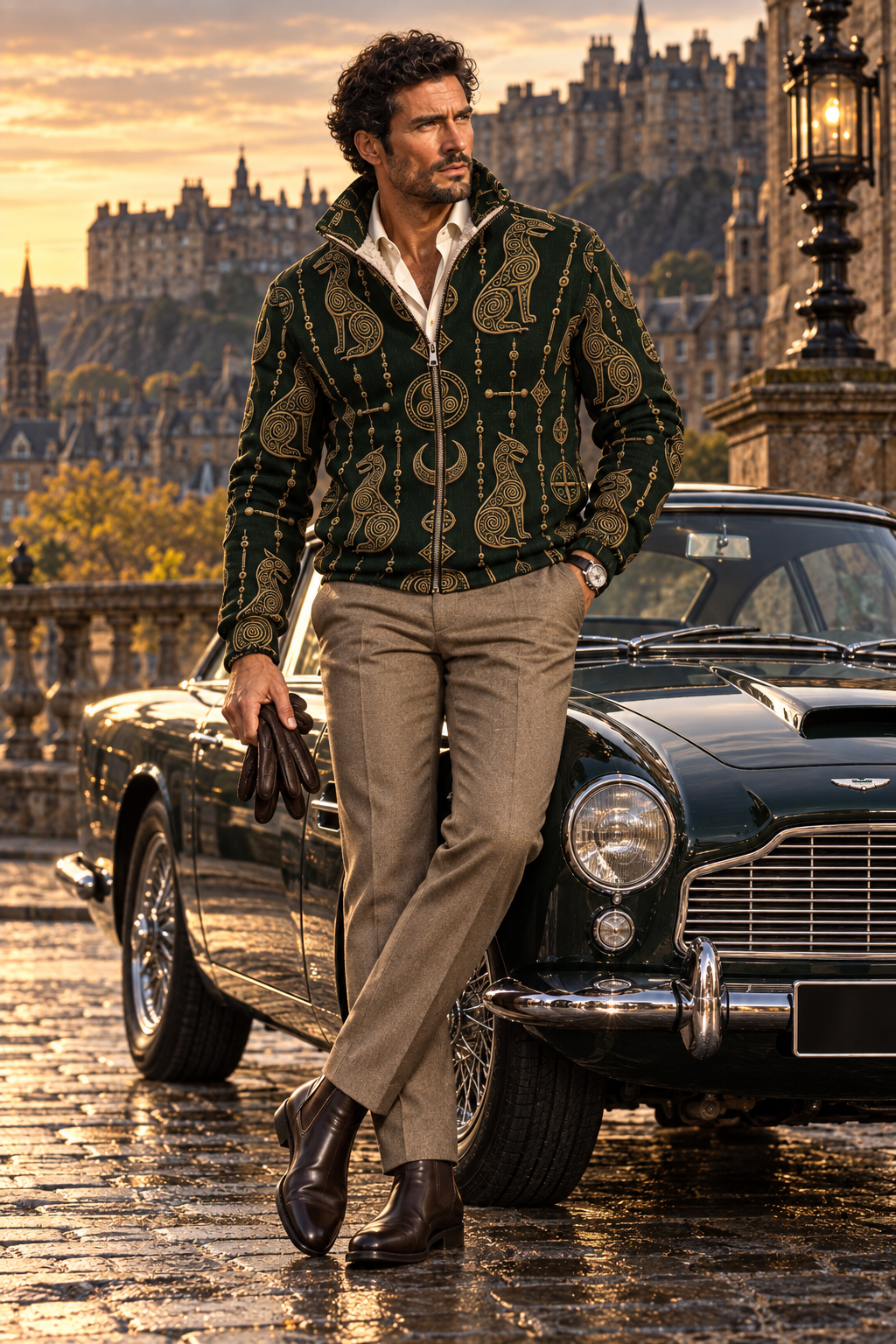 A man stands in front of a classic dark green Aston Martin car on a cobblestone street, wearing a dark green and gold patterned zip-up jacket, beige trousers, and brown leather boots. The background features Edinburgh's Castle at sunset.