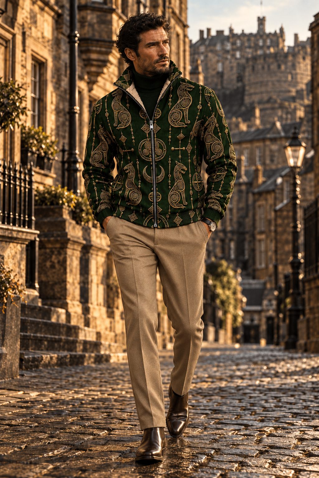 Men's Pictish jacket inspired by Scottish heritage motifs.
