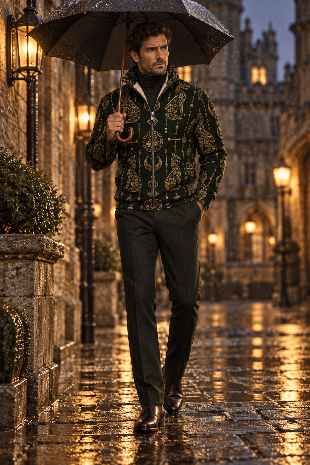Men's Pictish print fleece jacket with patterned sleeves and cuffs.