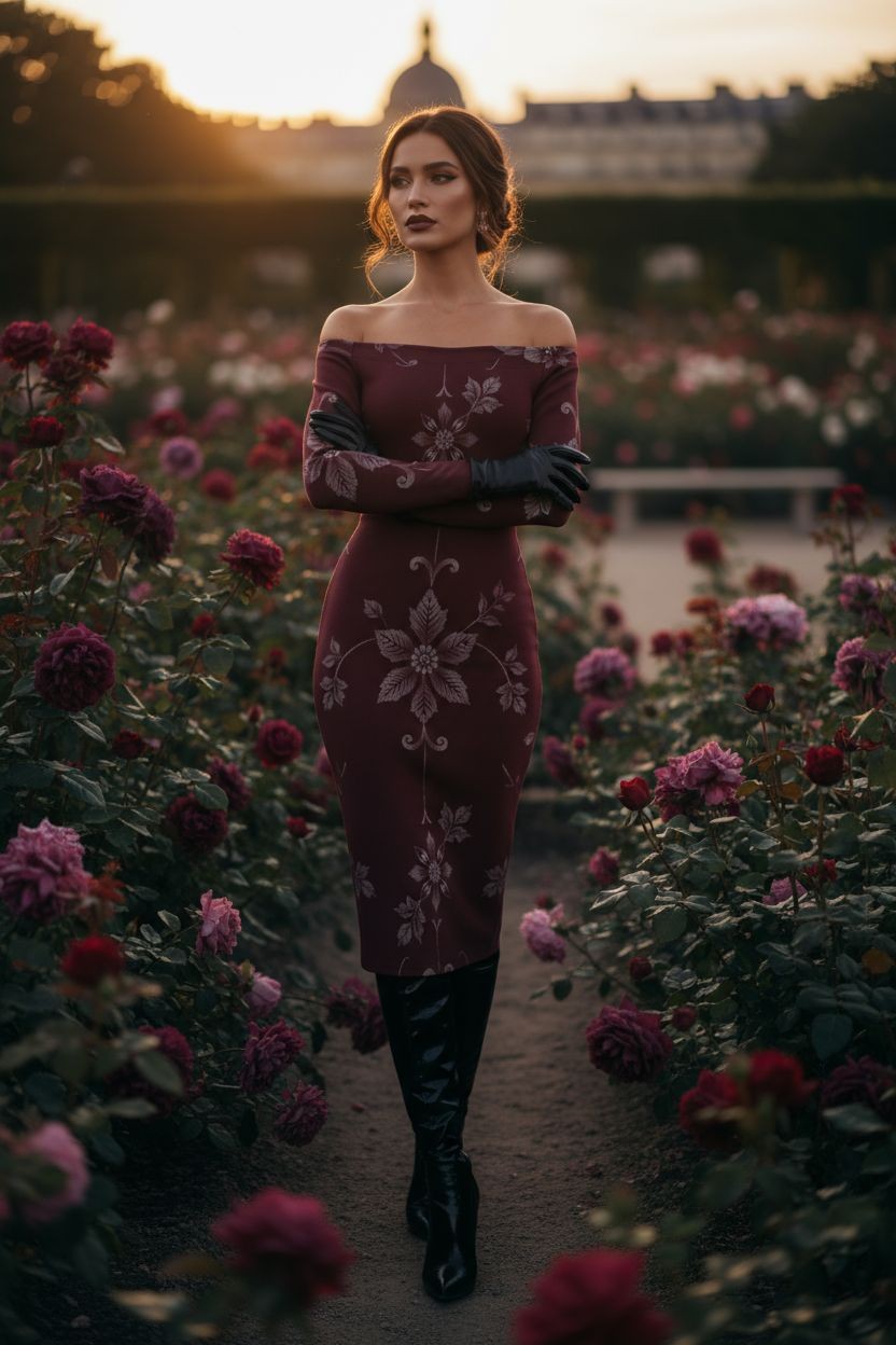Woman wearing plus size baroque cocktail dress in deep burgundy with floral pattern and off shoulder design