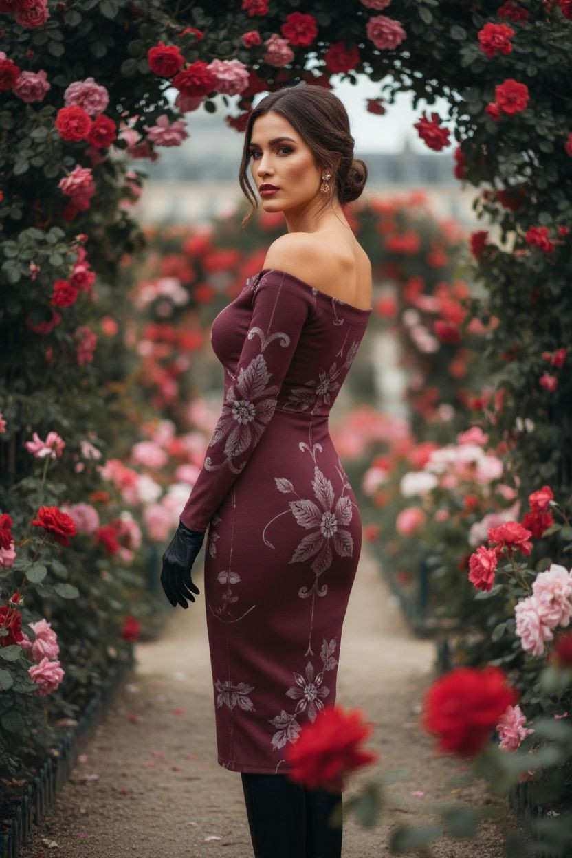 Plus size baroque cocktail dress in deep burgundy with floral patterns worn by a woman in a garden