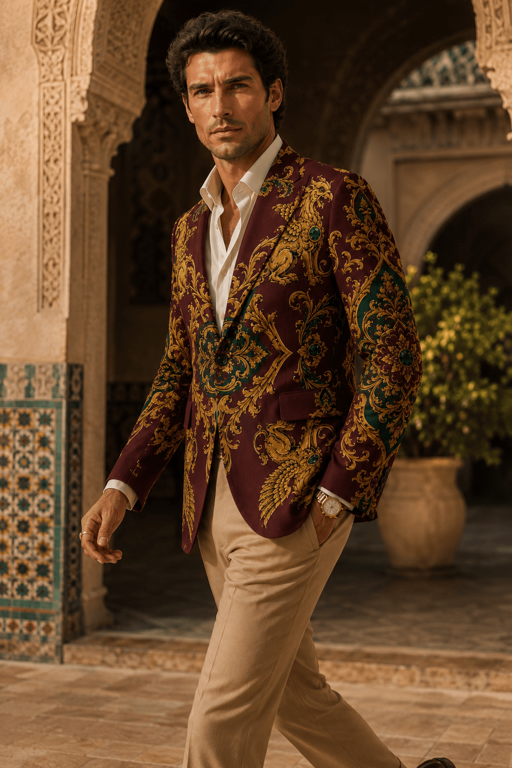  Inclusive sizing showcase of a unique men's statement blazer available from size XS up to 5XL.