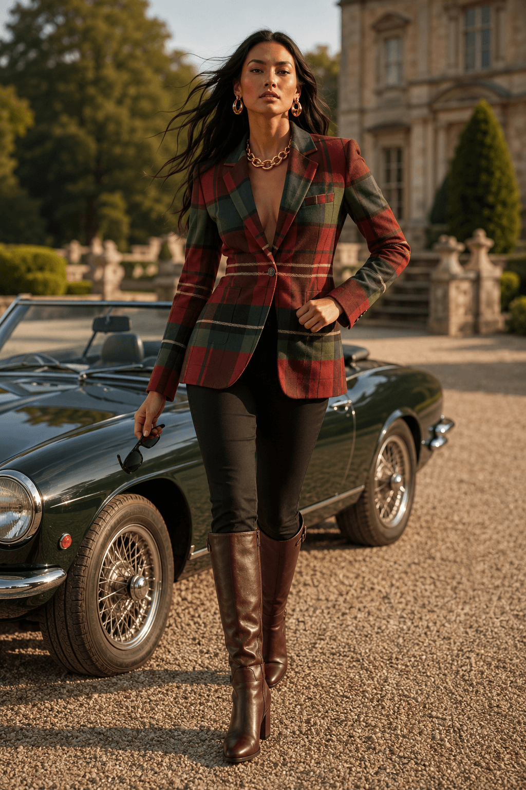 Close-up of a women's tartan jacket in deep berry and forest green, capturing the romantic poetcore aesthetic for fall 2026.