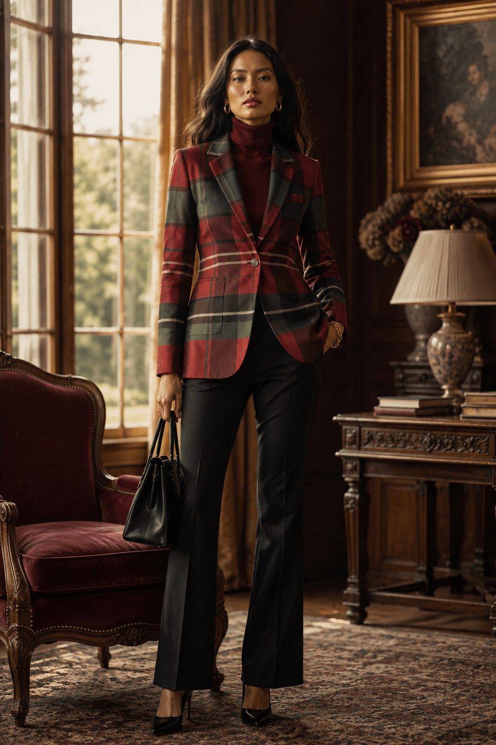 Layered preppy outfit with a burgundy check blazer, a black turtleneck, and tailored trousers for a classic dark academia look.