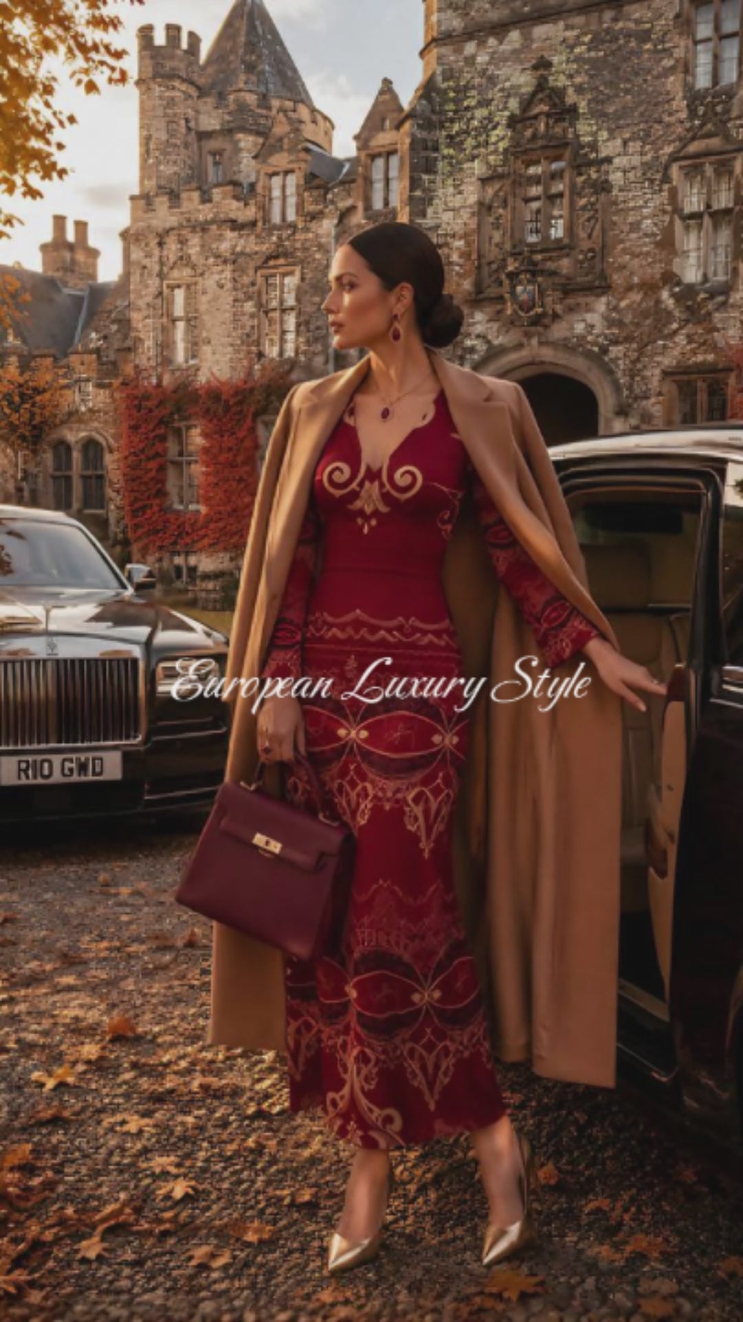 Burgundy Baroque -V-Ausschnitt Langarm Maxikleid-S-8XL